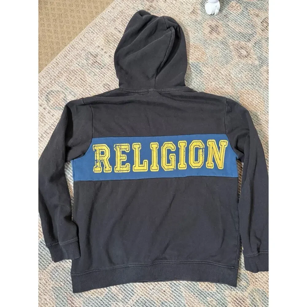 True Religion Pullover Hoodie Large Black Blue Logo Graphic Sweatshirt Mens L